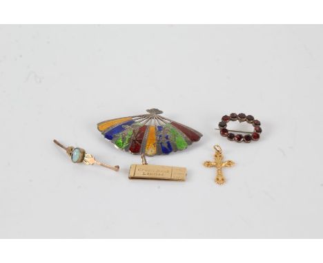 Silver and enamel brooch in the form of a fan together with a 9 Carat Gold and Opal brooch (AF), 9 Carat Gold clip, Yellow me