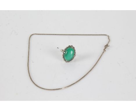 Silver necklace together with a silver ring set with a green stone, ring size O, gross weight 8.8g&nbsp;