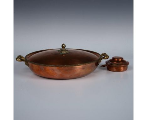 Copper brasier or lidded skillet, crafted in Italy, featuring a tin lining and adorned with decorative brass handles. Comes w