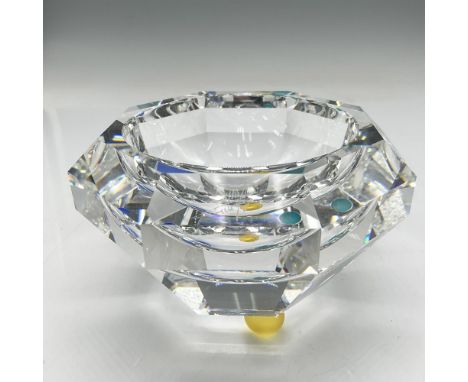 Unique footed octagon crystal bowl with yellow, green and blue crystal feet. Swarovski etched mark. 168 082. This item has it