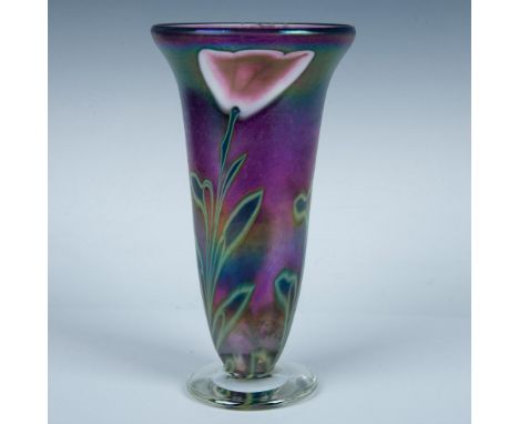 Stunning amethyst glass with floral and leaf design on cased glass. Signed by artist. Robert Held sticker. Artist: Robert Hel