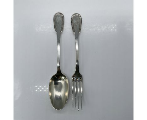 Dinner fork and tablespoon in a pattern similar to the Princess pattern with three hallmarks and initials to the handle. Weig
