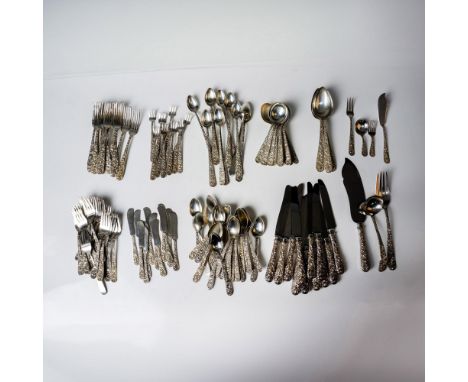 In the vintage Old French pattern, depicting repousse flowers on the handles. Includes (12) soup spoons; (12) dinner forks; (
