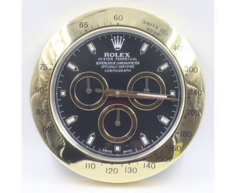 Rolex dealers wall clock with Daytona Cosmograph face, gold bezel and sweeping second hand, D: 34 cm. P&amp;P Group 2 (£18+VA