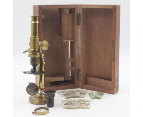 Brass microscope in fitted box with slides, twelve in total, mainly blank, but two contain small insects.. UK P&amp;P Group 2