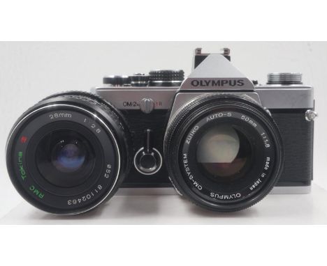 Olympus OM2-N and two lenses. UK P&amp;P Group 2 (£20+VAT for the first lot and £4+VAT for subsequent lots) 