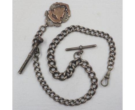 Heavy gauge hallmarked silver double-Albert pocket watch chain, with gilt washed fob and pencil, T-bar and clip, 59g. UK P&am