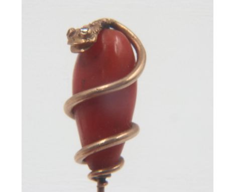 Antique gold, coral and turquoise snake-form stick pin. UK P&amp;P Group 0 (£6+VAT for the first lot and £1+VAT for subsequen