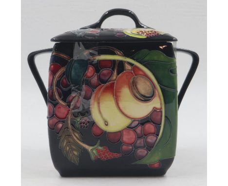 Moorcroft large twin handled square biscuit barrel with red dot, no cracks or chips. UK P&amp;P Group 2 (£20+VAT for the firs