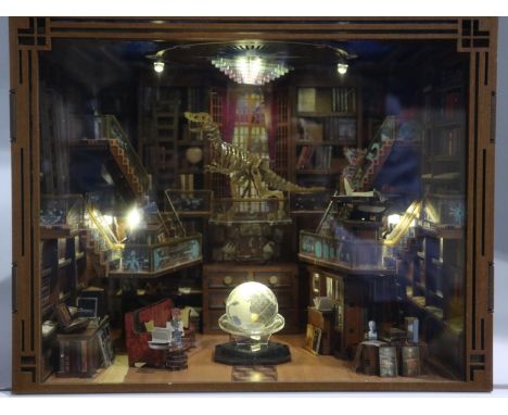 Large hand built scientific library book nook/shelf diorama, with LED lighting. 24 x 18 x 18cm H. Not available for in-house 