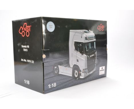 NZG 1/18 diecast model truck issue comprising Scania V8 730S in Fiction Blue. Excellent, not previously removed from box.