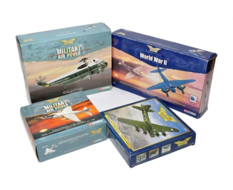 A group of four diecast model aircraft from Corgi including Hawker Siddeley Harrier, Sikorsky Sea King, Boeing B-17 and DH Mo