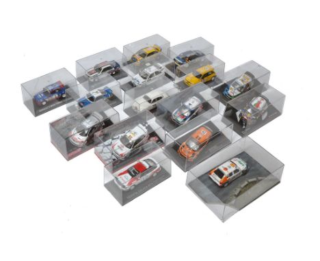 A group of 16 1/43 diecast model rally and race themed diecast vehicles, mostly look to be from Deagostini series. Generally 