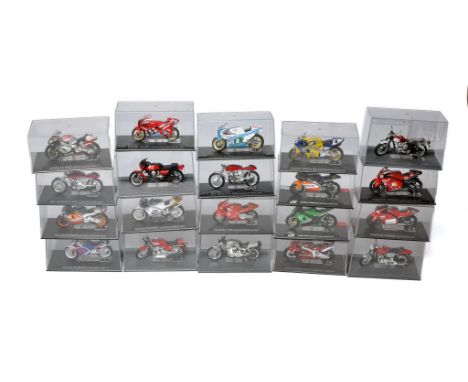 A group of 20 1/24 Diecast Model Motorcycles in display cases as shown. Generally good with most appearing without fault. 