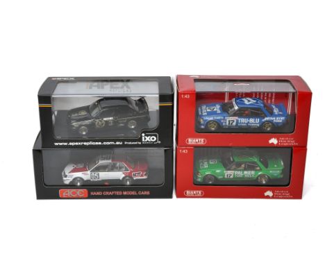 A group of 4 diecast model cars comprising Ace TF09 1982 Bathurst Winner, Apex BMW M3 Winner ATCC 1987, Biante Ford XE Falcon