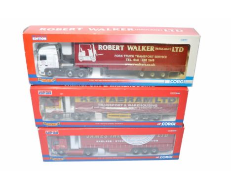 Corgi Diecast Model Truck issues comprising trio of Tractor Trailer Sets in the liveries of Ken Abrams, James Irlam and Walke
