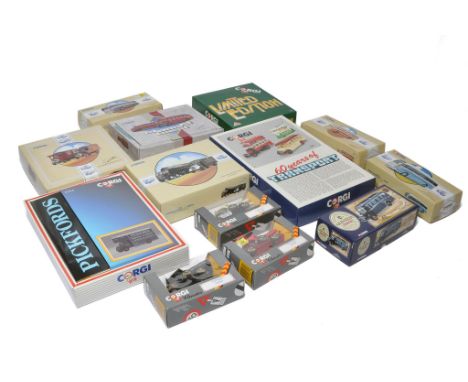 A group of 13 Commercial diecast model vehicles from Corgi comprising single issues and sets as shown. Buses, Vans etc. All e