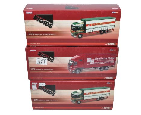Corgi Diecast Model Truck issues comprising trio of Rigid Curtainsides in the liveries of Payne x 2 plus Highland Haulage. Ge