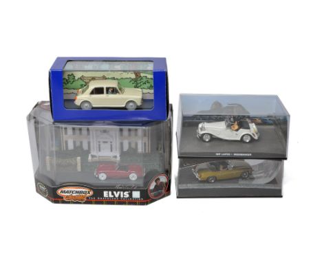 A group of four 1/43 diecast model car issues, all TV Related MG Classic Cars as shown including James Bond 007, Tin Tin and 