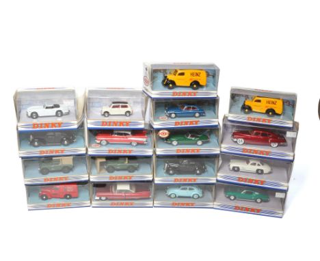 A group of Matchbox Dinky diecast vehicles, mostly classic cars with the odd commercial as shown. Excellent in original packa