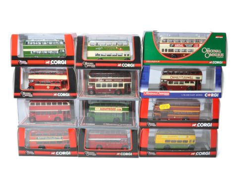 A group of 12 Bus and Transport diecast model vehicles from Corgi Omnibus. Various themes, routes and company liveries, as sh