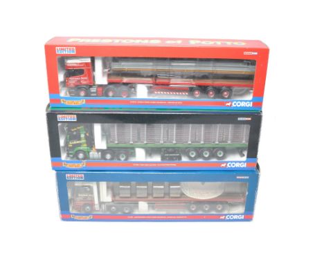 Corgi Diecast Model Truck issues comprising trio of Tractor Trailer Sets with various loads in the liveries of Maurice Hill, 