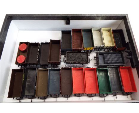 Twenty two 00 gauge open wagons, one with coal, one with drums and one with bags, by Hornby, Lima, Mainline etc
