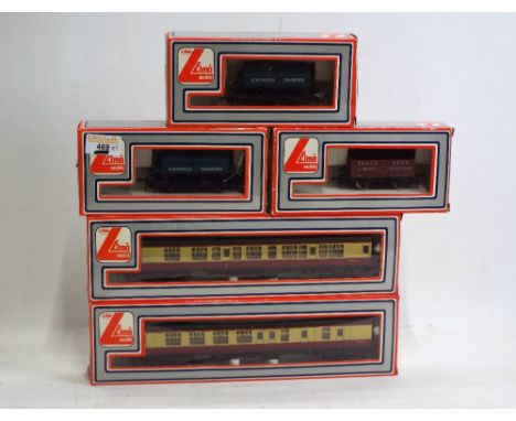 Five 00 gauge Lima boxed rolling stock, two coaches, open wagon and two tankers 