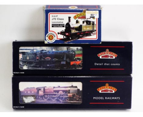 Three 00 gauge Bachmann boxed locomotives, J72 tank engine, Lancashire Fusiliers, and Mere Hall 
