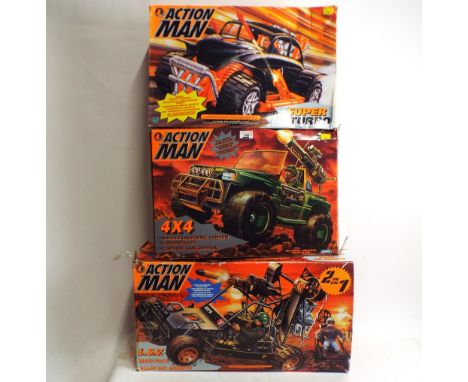 Three boxes Action man vehicles, 4x4, Super Turbo and L.S.V.  