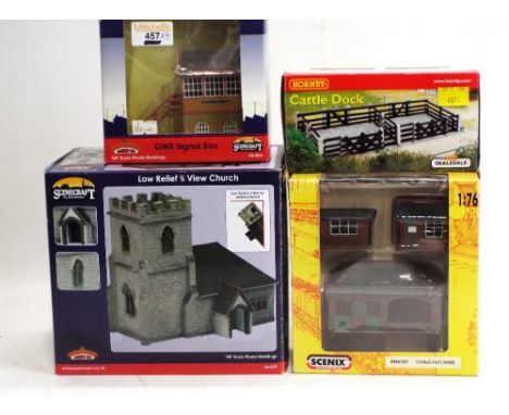 Bachmann signal box, a Bachmann low relief 3/4 view church, stable hut/shed and a Hornby cattle dock 