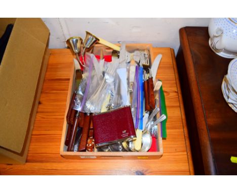 A tray of various cutlery; a hip flask etc. 