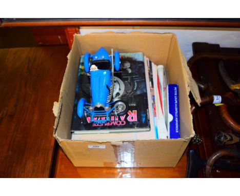 A box of magazines and books relating to Hornby Railway etc.; and a Burago Bugatti model car 