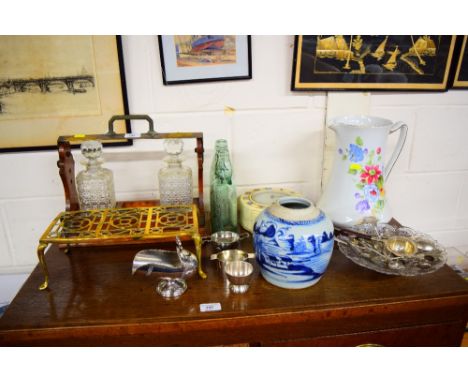 A golden oak and plate mounted tantalus  AF; together with a brass trivet stand; a Smiths 8 day wall clock; a floral decorate