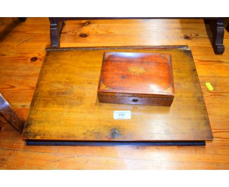 A small mahogany and inlaid trinket box; and one other wooden storage box in the form of a book  AF