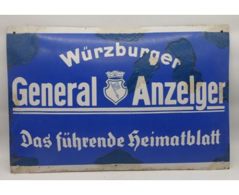 Altes Reklameschild um 1940, Emailleschild "Würzburger Generalanzeiger - Das führendeHeimatblatt", tlw. best., Boos &amp; Hah