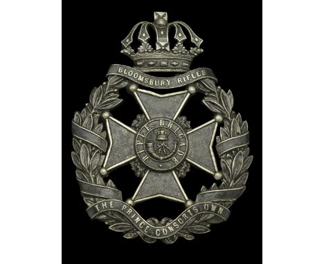 Bloomsbury Rifles Helmet Plate. A very good Victorian blackened example with a crowned Maltese cross within a wreath of laure