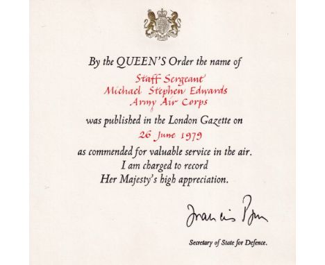 Queen’s Commendation for Valuable Service in the Air Certificate ‘Staff Sergeant Michael Stephen Edwards, Army Air Corps’, da