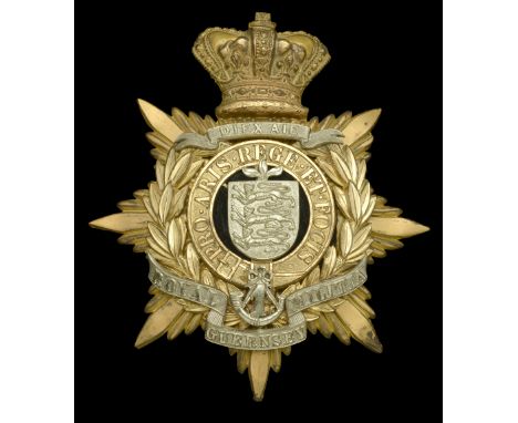 Royal Guernsey Militia Officer’s Helmet Plate. A very good Victorian example, 1881-1901 pattern with a gilt Victorian crowned