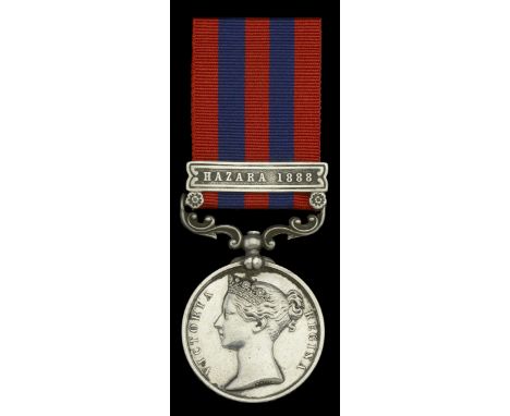 India General Service 1854-95, 1 clasp, Hazara 1888 (1501 Pte. M. Gibson. 2nd. North’d Fus:) a somewhat later issue with Boer