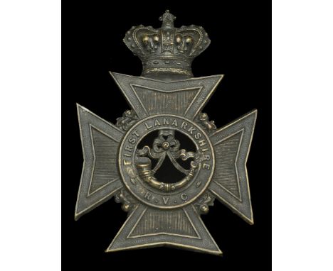 1st Lanarkshire Volunteers Corps Helmet Plate. A good and scarce Victorian die-stamped blackened brass example with a Victori