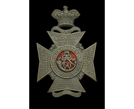 60th Foot King’s Royal Rifle Corps Officer’s Helmet Plate. A very fine Victorian example, circa 1878-1881, blackened with a l