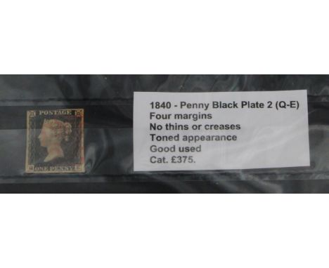 GB - 1840 Penny Black Plate 2 (Q-E) four margins, no thins or creases, toned appearance, good used, cat £375