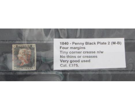 GB - 1840 Penny Black Plate 2 (M-B) four margins, tiny corner crease n/w, no thins or creases, very good used, cat £375