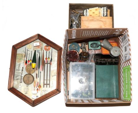 A box of assorted vintage fishing tackle and accessories, including trout fly reels, bait tins, boxes of hooks and lures, fol