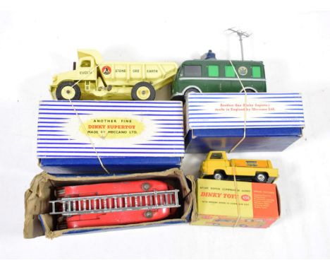 Dinky 968 BBC TV Roving Eye (G box G-F) 436 Compressor lorry and 965 Euclid dumper (both G-F boxes G-F) and a 955 Fire engine