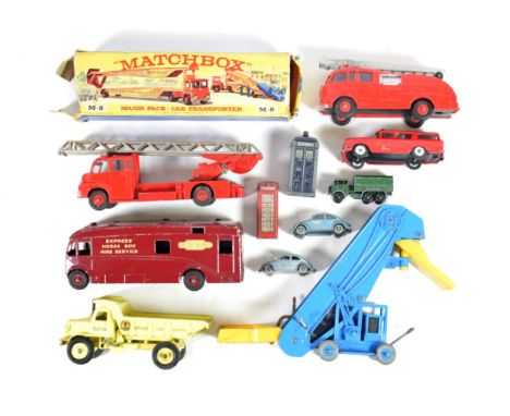 Dinky Various Models including 955 Fire engine plastic hubs with windows, Elevator loader blue body, 956 Turntable fire escap