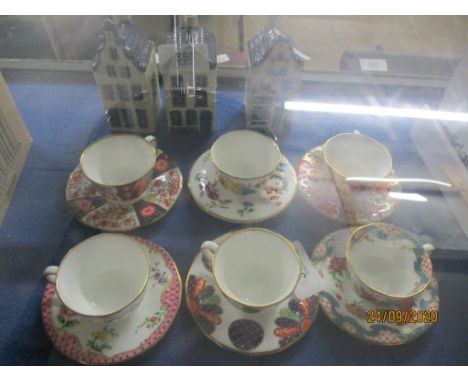 SET OF SIX ROYAL WORCESTER MINIATURE CUPS AND SAUCERS WITH THE FAN DESIGN, PINK SCALE, IMARI BOWL ETC