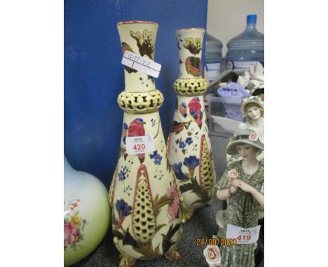 PAIR OF VASES DECORATED IN GILT AND FLOWERS, POSSIBLY ZSOLNAY PECS, ON THREE SPADE FEET (ONE DAMAGED)