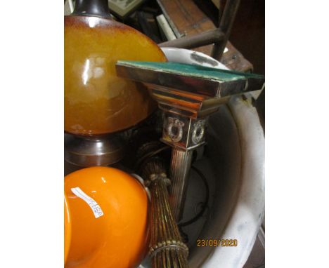 VINTAGE ENAMEL BUCKET, SILVER PLATED CORINTHIAN COLUMN TABLE LAMP AND OTHER LAMPS ETC